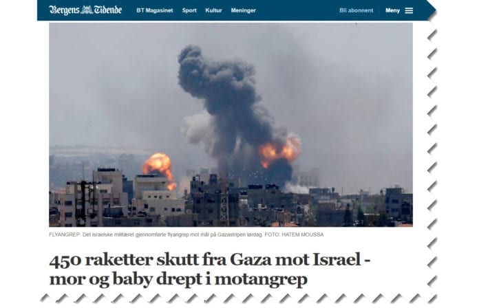 bt Bergens Tidende var et av mange norske medier som spredte historien om at israelske bomber hadde drept en mor og en baby. (Foto: Faksimile)