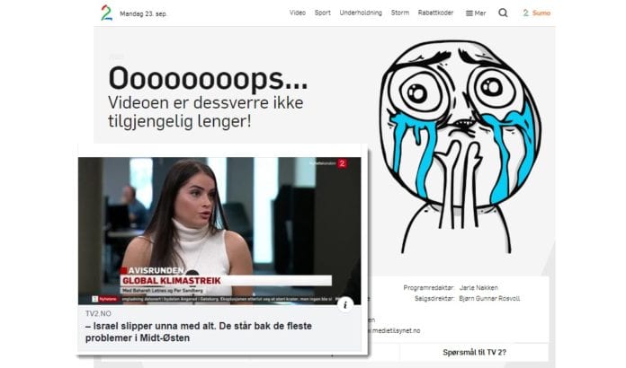 Tidligere FrP-politiker Per Sandberg og hans iransk-norske samboer Bahareh Letnes var gjester i TV2 Nyhetskanalens program «Avisrunden» søndag 22. september. (Skjermdumper fra TV2 og Facebook-lenke til fjernet klipp innfelt)