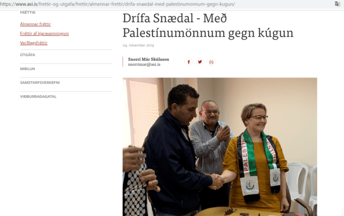ASIs leder Drífa Snædal er avbildet i artikkelen med et skjerf som bærer logoen til Palestinian General Federation of Trade Unions (PGFTU). Israel er slettet fra kartet. (Skjermdump fra asi.is)