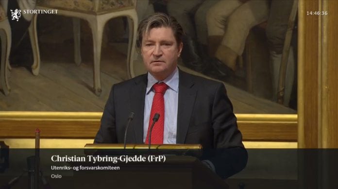 Stortingsrepresentant Christian Tybring-Gjedde i Stortinget 12. desember 2019. (Skjermdump fra Stortinget.no)