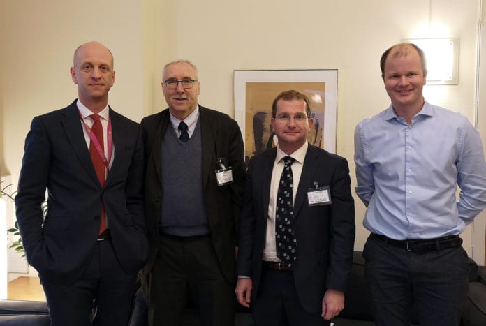 Vebjørn Dysvik fra UD, Gerald Steinberg og Shaun Sacks fra NGO Monitor og Conrad Myrland fra MIFF. (Foto: UD)