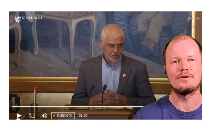Skjermdump fra MIFFs direktesending 12. mai 2020. I bakgrunnen Petter Eide (SV) på Stortingets talerstol.