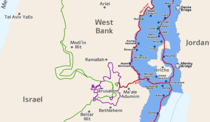 Kartskisse for området Israel planlegger å annektere i Jordan-dalen. (Kart: Shaul Arieli, via Ha'aretz)