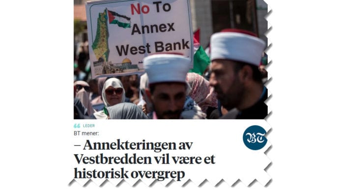 Bergens Tidendes lederartikkel er illustrert av palestinere som viser kart der ikke bare Vestbredden og Gaza er palestinsk, men også hele Israel. (Skjermdump fra bt.no)