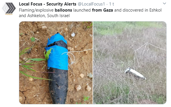 Ballonger De siste to årene har palestinere fra Gaza sendt blant annet droner, ballonger og kondomer fylt med sprengstoff inn over grensen til Israel. (Foto: Local Focus - Security Alerts @LocalFocus1)