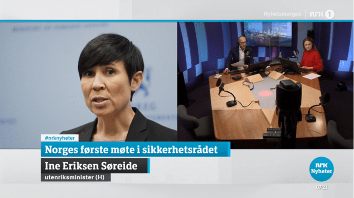 Utenriksminister Ine Marie Eriksen Søreide på NRK Nyhetsmorgen 26. januar 2021. (Skjermdump fra Nrk.no) Ine Marie Eriksen Søreide