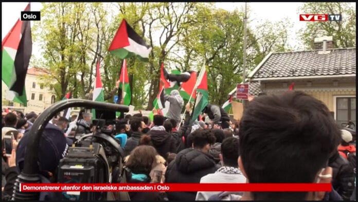 Her filmer NRK jihad-ropene på demonstrasjonen, men vil de noen gang fortelle norske tv-seere at demonstrantene på Palestinakomiteens demonstrasjon oppildnet til massakre på jøder? (Skjermdump fra VG TV)