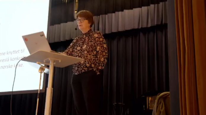 Berit Hagen Agøy, generalsekretær i Mellomkirkelig råd. (Skjermdump fra Palestinakomiteens stream av seminaret 23. oktober 2021)